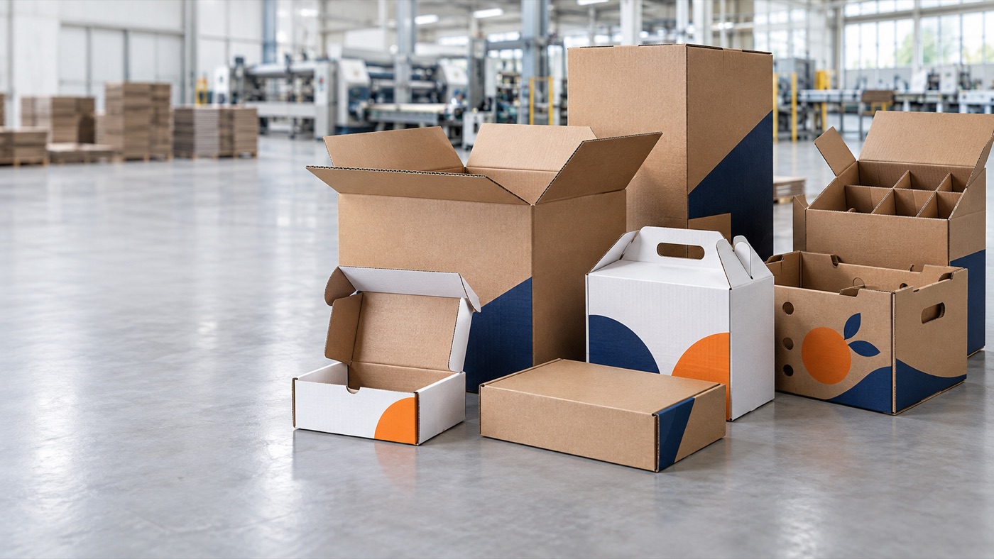 Concept display of custom corrugated shipping cases, die-cut cartons and printed boxes