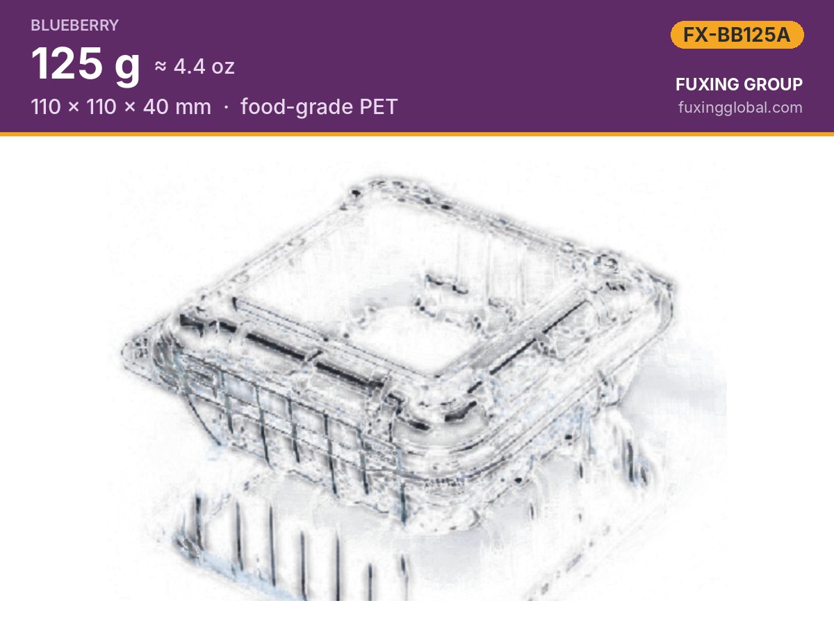 Clamshell para arándanos 125 g (4.4 oz) — 110 × 110 × 40 mm, PET