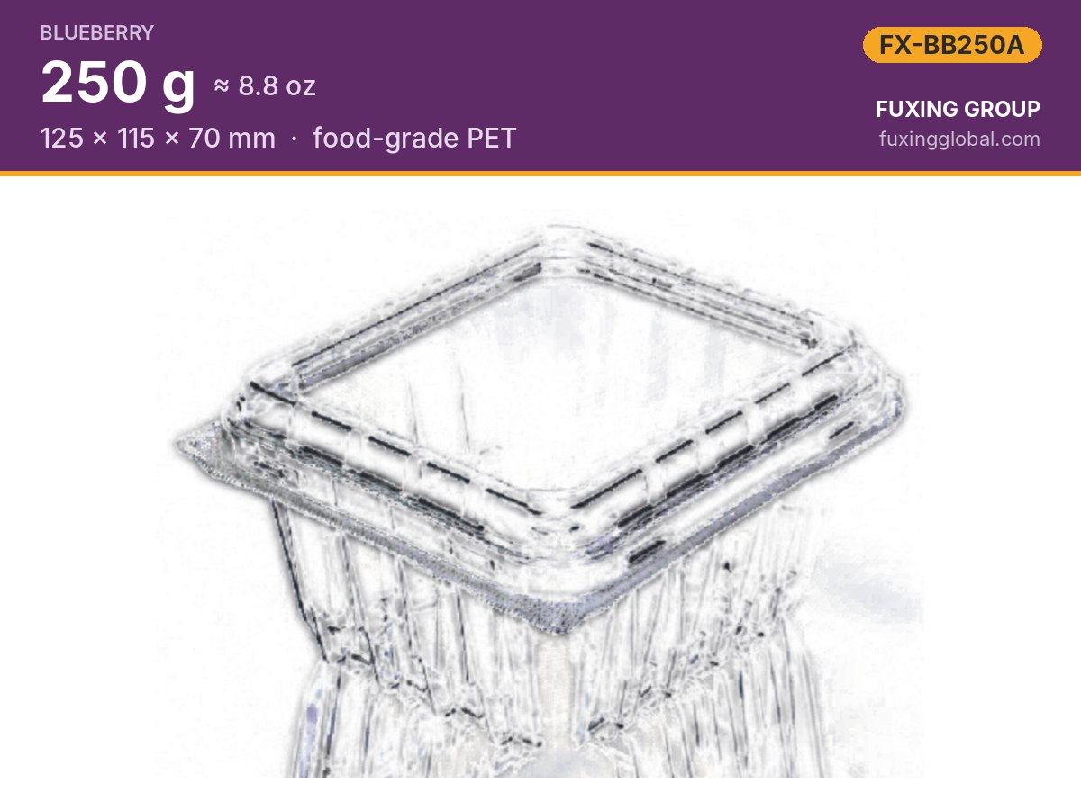Clamshell alto para arándanos 250 g (8.8 oz) — 125 × 115 × 70 mm, PET