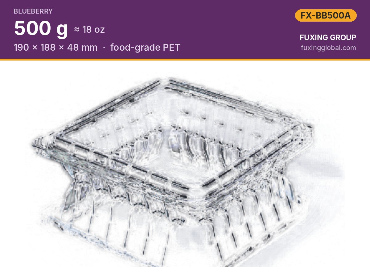 Clamshell para arándanos 500 g (18 oz) — 190 × 188 × 48 mm, PET