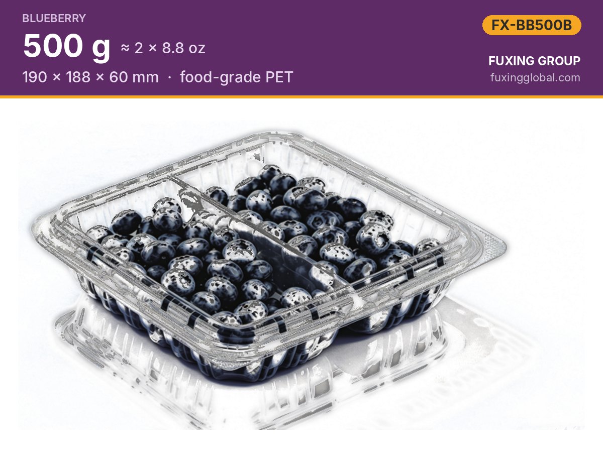Clamshell bipartido para berries 2 × 250 g — 190 × 188 × 60 mm, PET