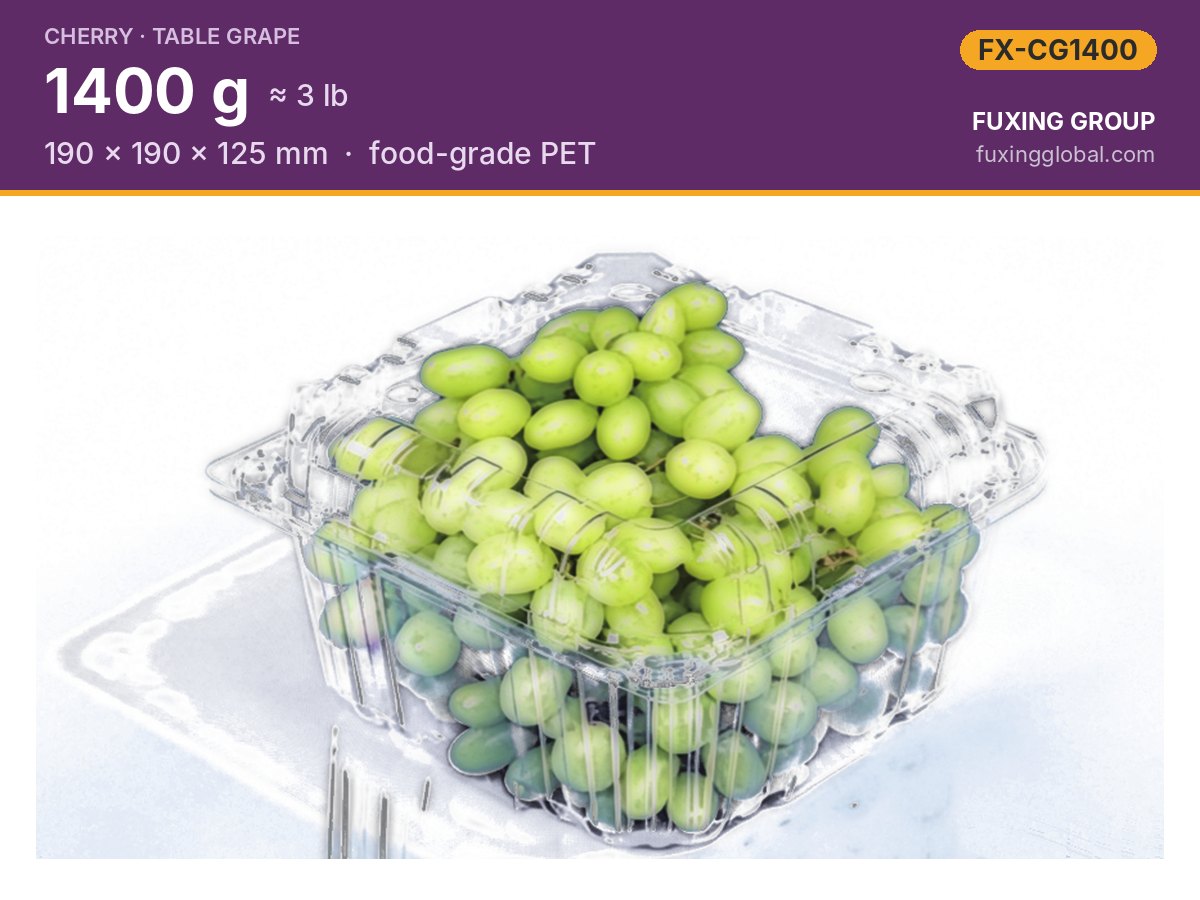 3 lb table-grape clamshell — 190 × 190 × 125 mm, PET