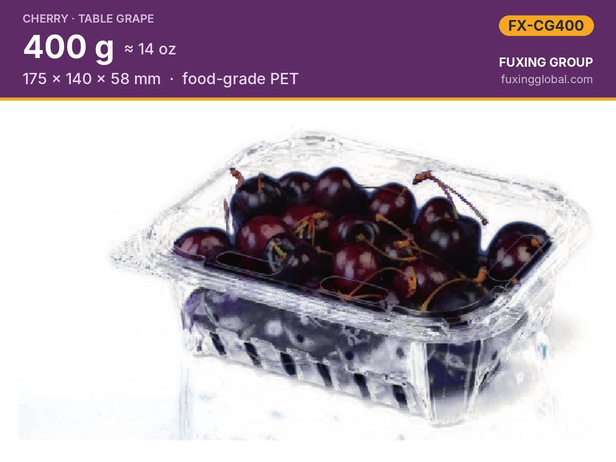 14 oz (400 g) cherry clamshell — 175 × 140 × 58 mm, PET