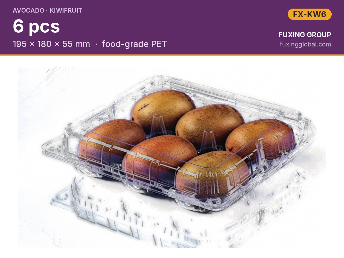 6-count kiwifruit clamshell — 195 × 180 × 55 mm, PET