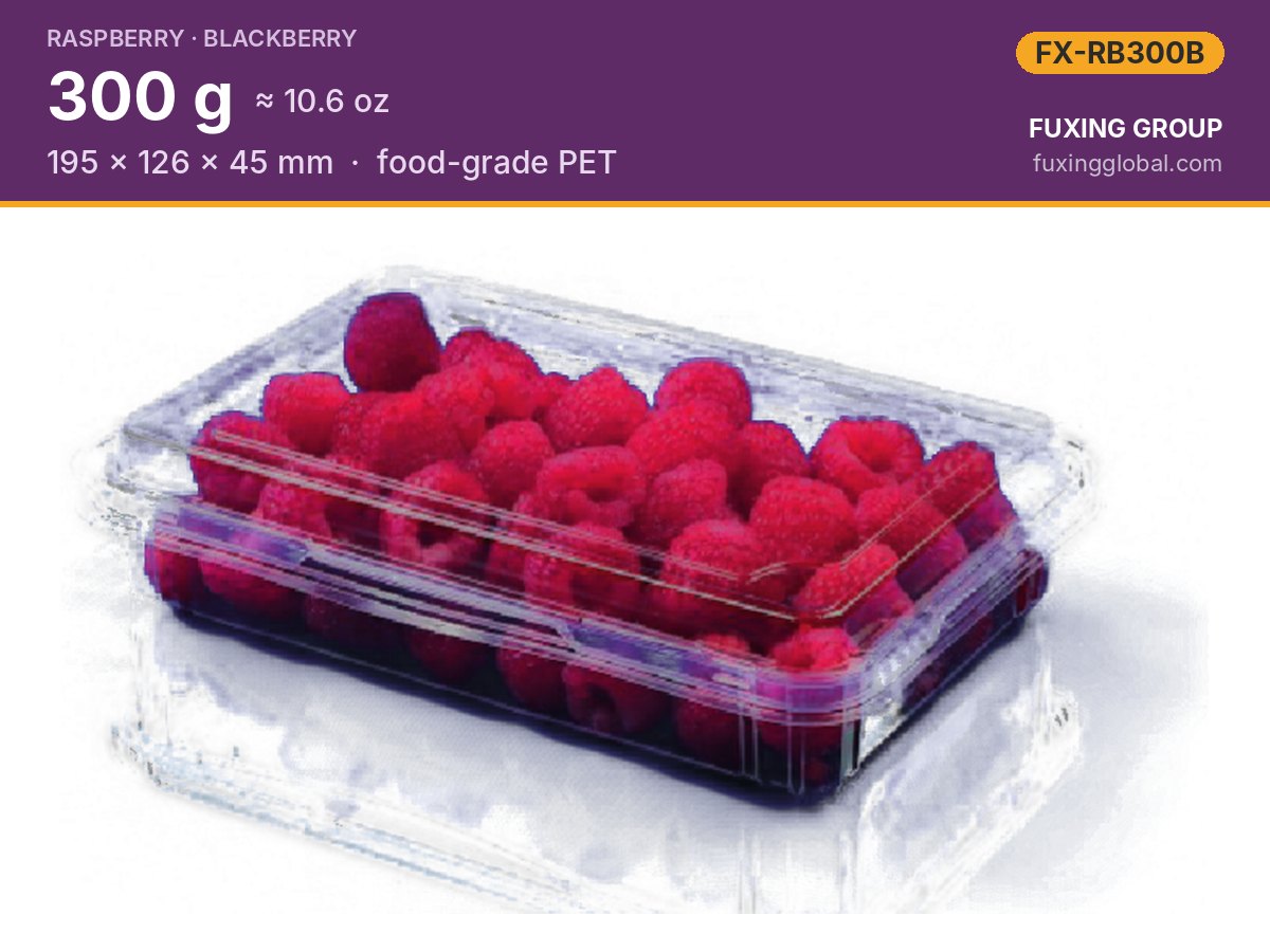 Clamshell bajo para frambuesa 300 g — 195 × 126 × 45 mm, PET