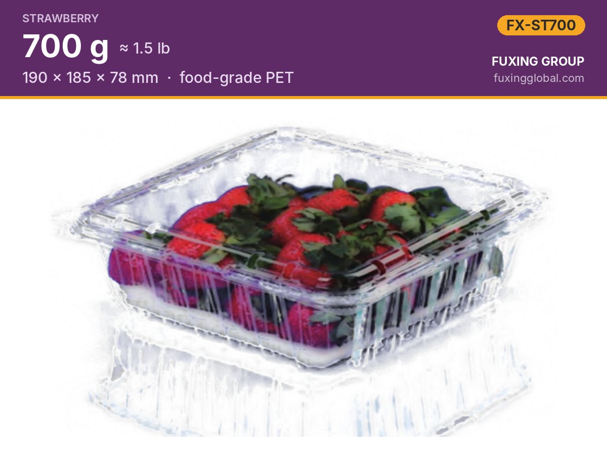 1.5 lb (700 g) strawberry clamshell — 190 × 185 × 78 mm, PET