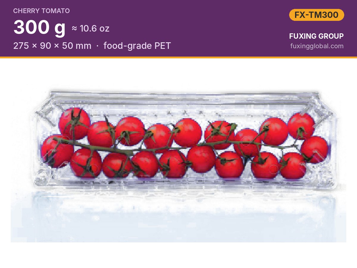 10.6 oz (300 g) cherry-tomato-on-the-vine clamshell — 275 × 90 × 50 mm, PET