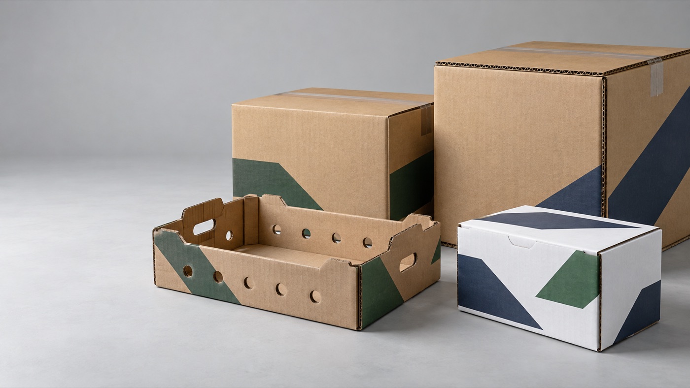 Concept view of flat corrugated cartons stacked and protected on pallets