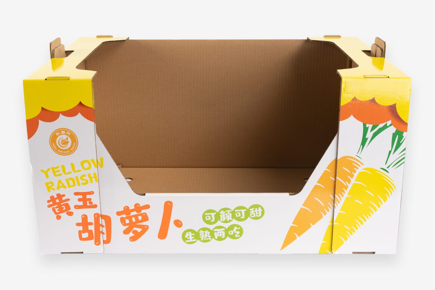 Glossy printed display carton for yellow radish carrots