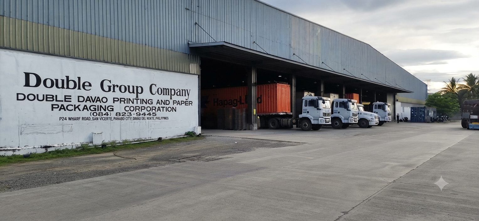 Double Davao Printing and Paper Packaging Corp loading bays with container trucks, Panabo City, Davao