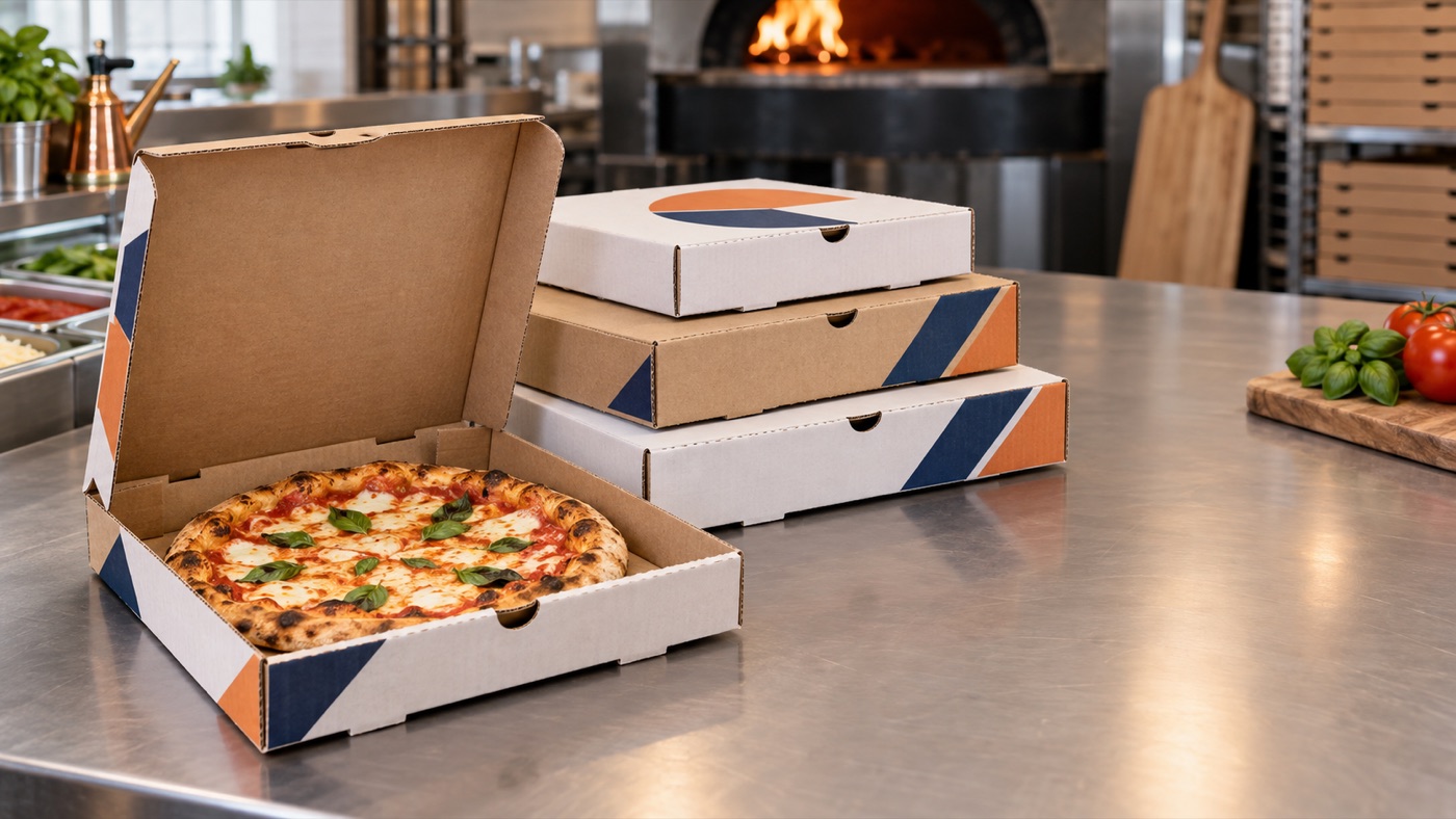 Concept display of printed pizza boxes for restaurant and delivery programs