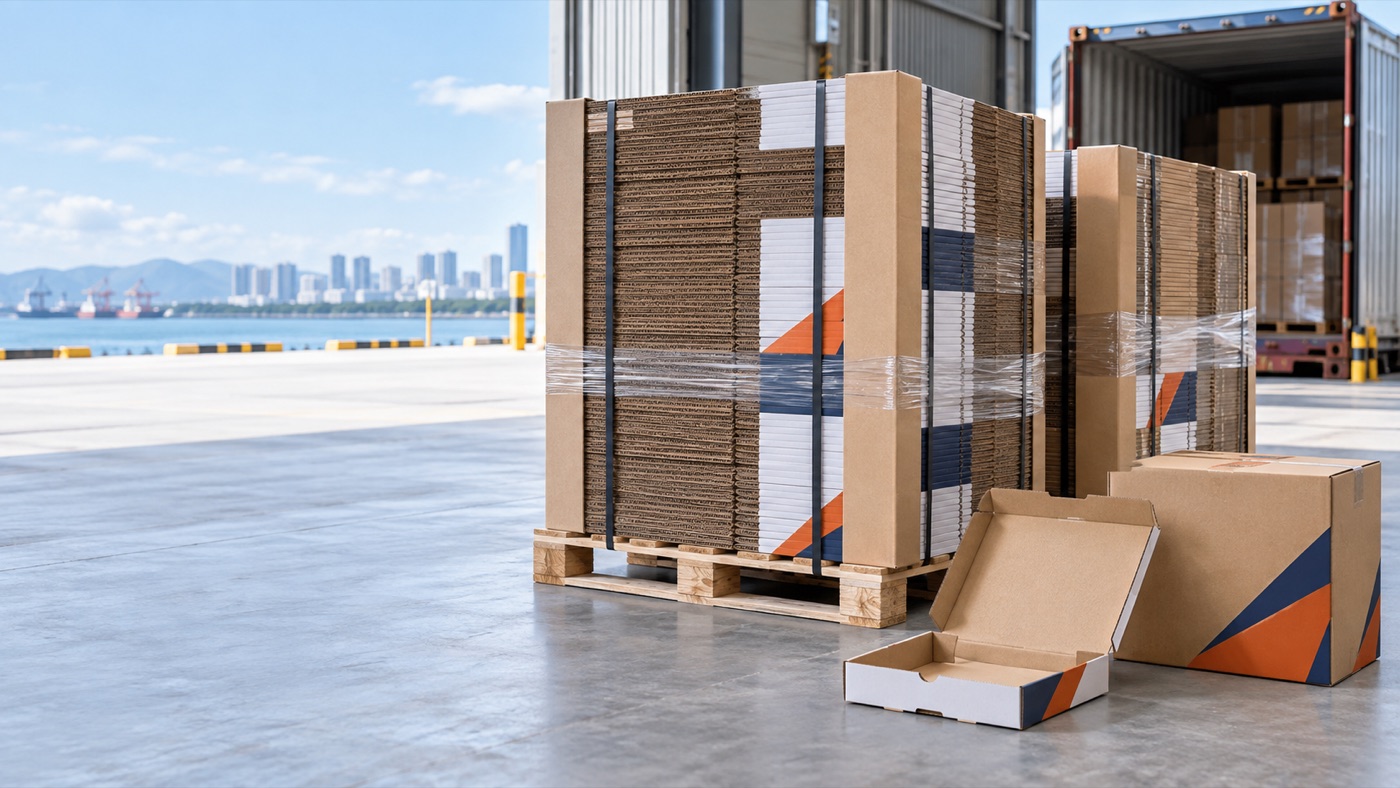 Concept view of palletized flat pizza boxes prepared for export loading