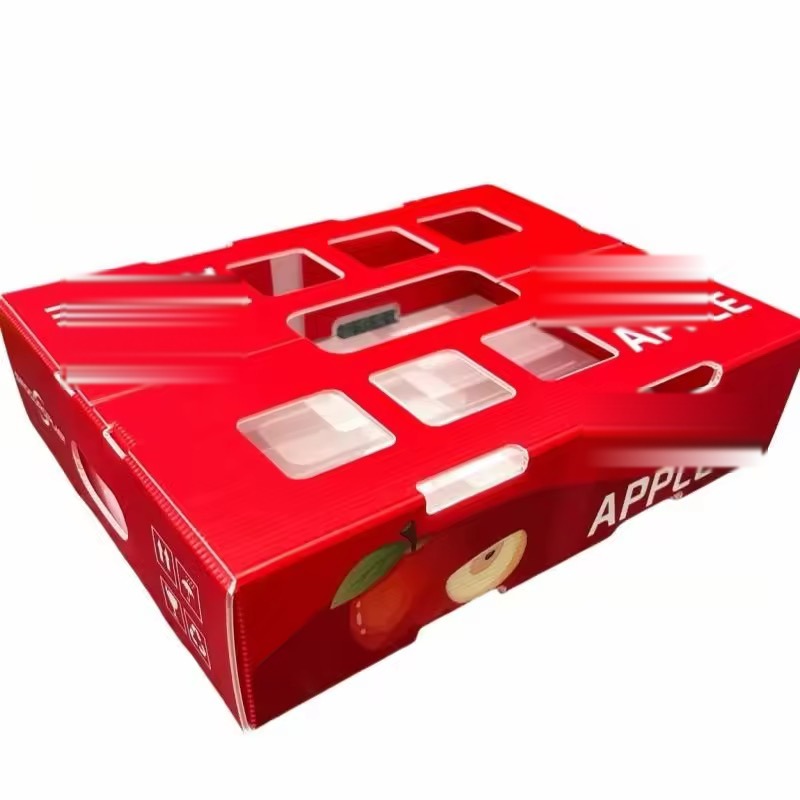 Red printed PP corrugated apple box with display windows